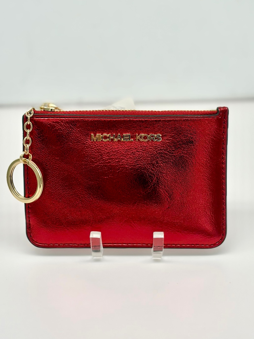 MICHAEL KORS Metallic Red Zip Card Case Key Holder Wallet